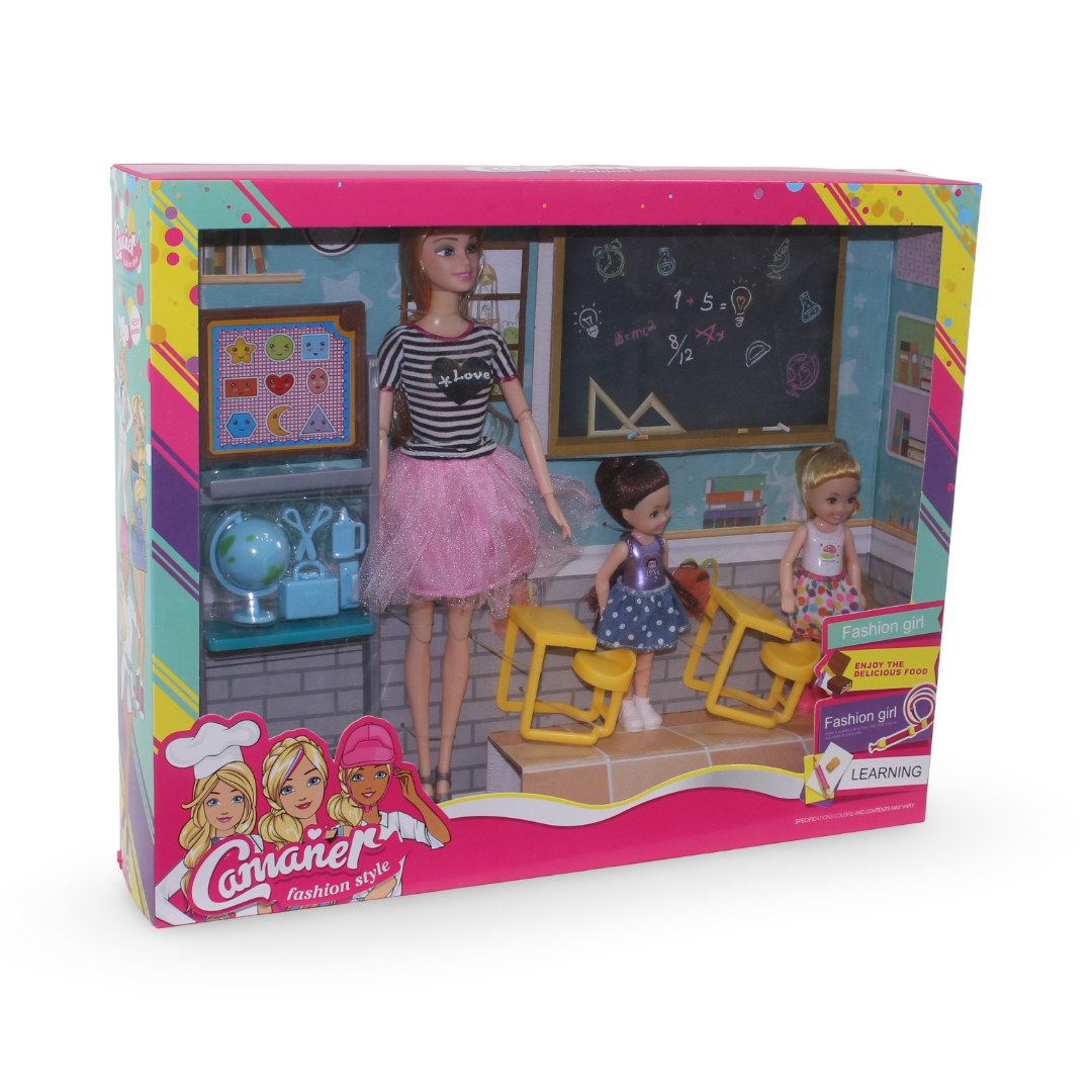 School Playset with 2 Dolls in Classroom – Pink & Black - Toys - OKO