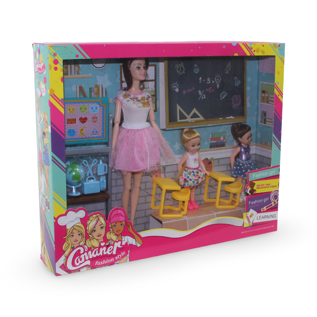 School Playset with 2 Dolls in Classroom – Pink & White - Toys - OKO