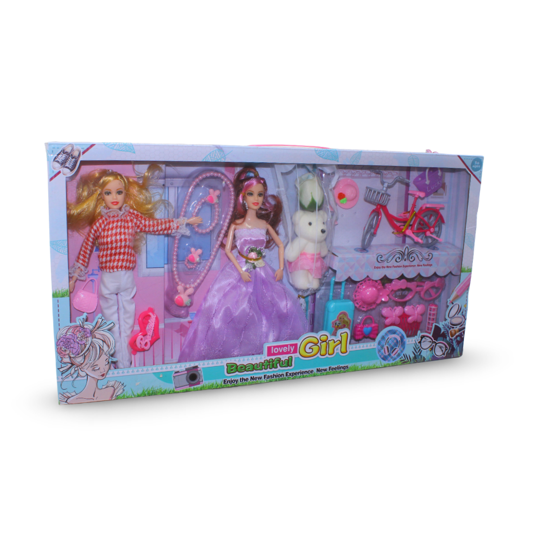 "Lovely Girl" Fashion Doll Playset Two Dolls with Accessories Bicycle and Bear – Purple