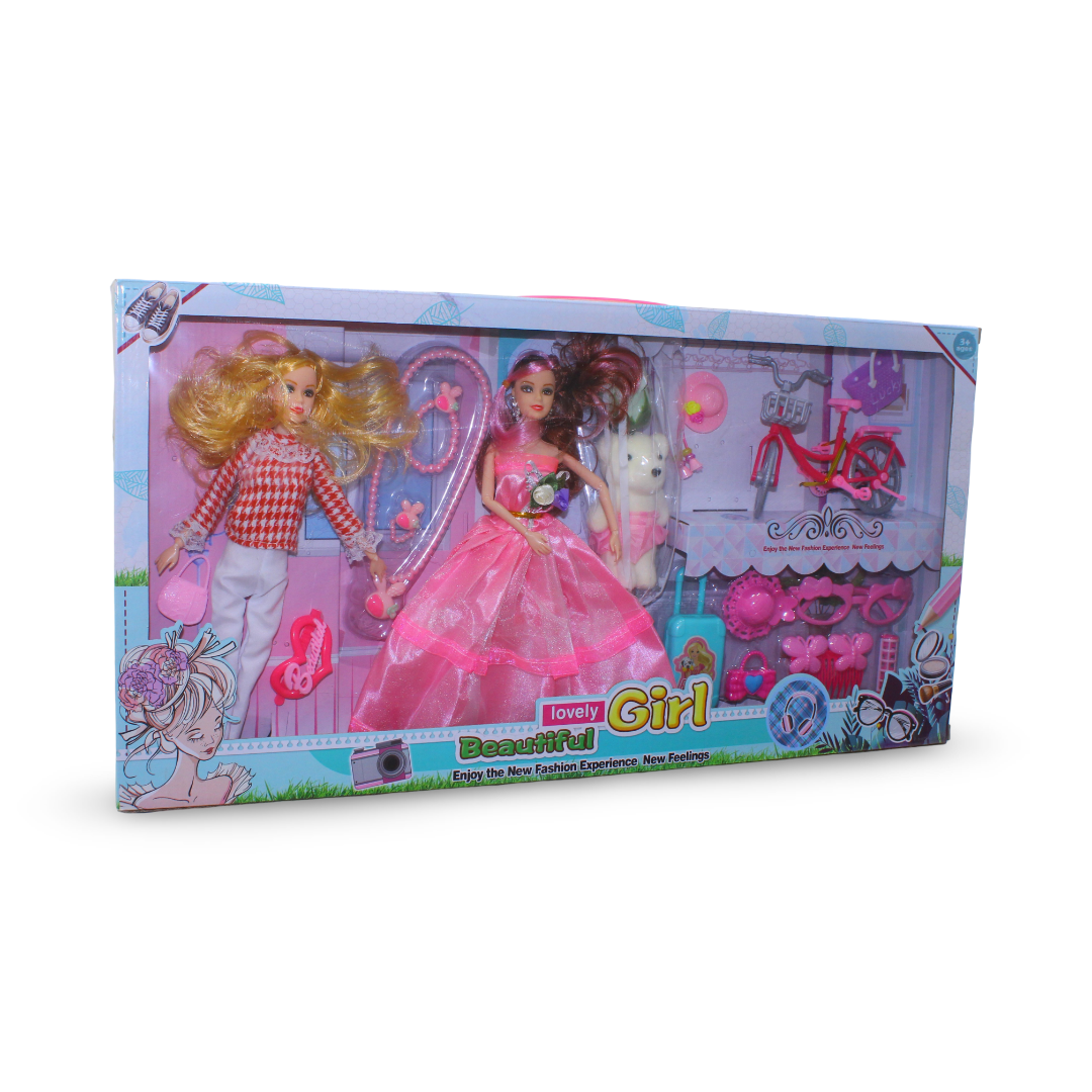 "Lovely Girl" Fashion Doll Playset Two Dolls with Accessories Bicycle and Bear – Pink
