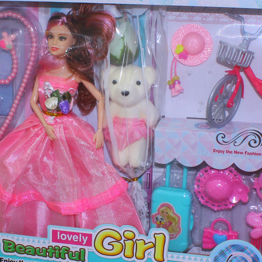 "Lovely Girl" Fashion Doll Playset Two Dolls with Accessories Bicycle and Bear – Pink