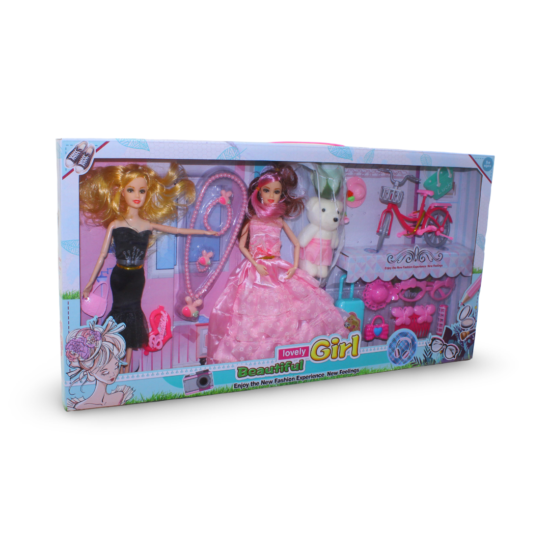 "Lovely Girl" Fashion Doll Playset Two Dolls with Accessories Bicycle and Bear  – Pink