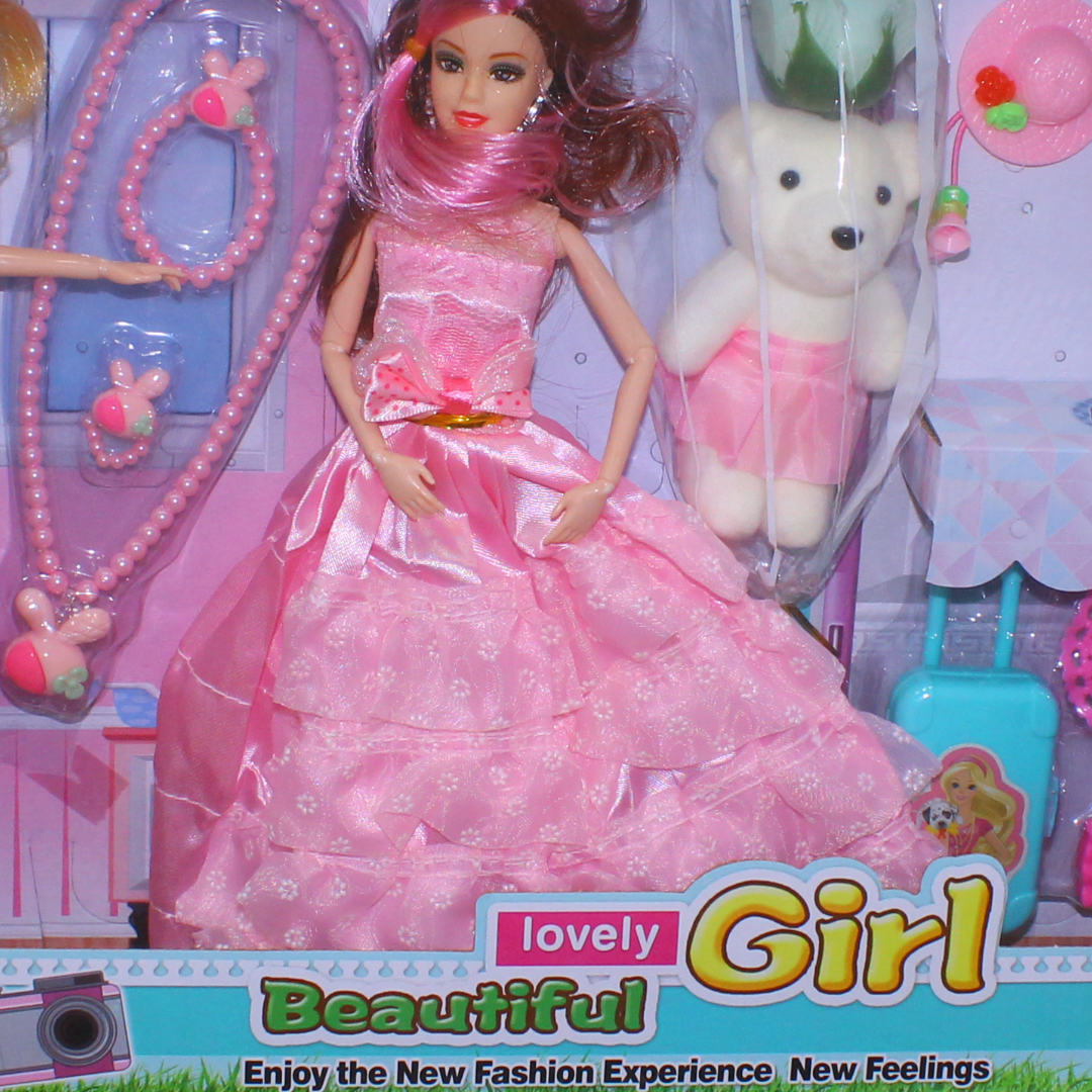 "Lovely Girl" Fashion Doll Playset Two Dolls with Accessories Bicycle and Bear  – Pink