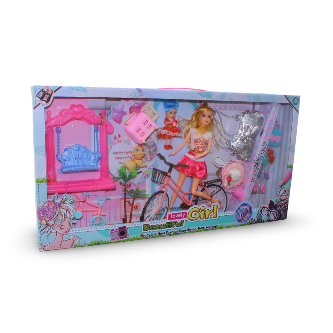 "Lovely Beautiful Girl" Fashion Doll Playset Two Dolls with Accessories Bicycle and Bear