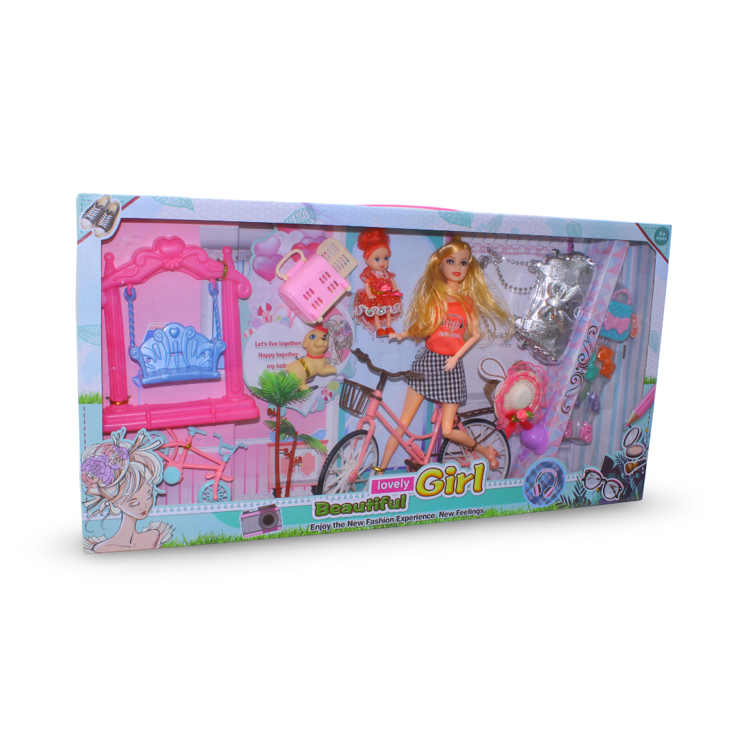 "Lovely Beautiful Girl" Fashion Doll Playset Two Dolls with Accessories Bicycle and Bear