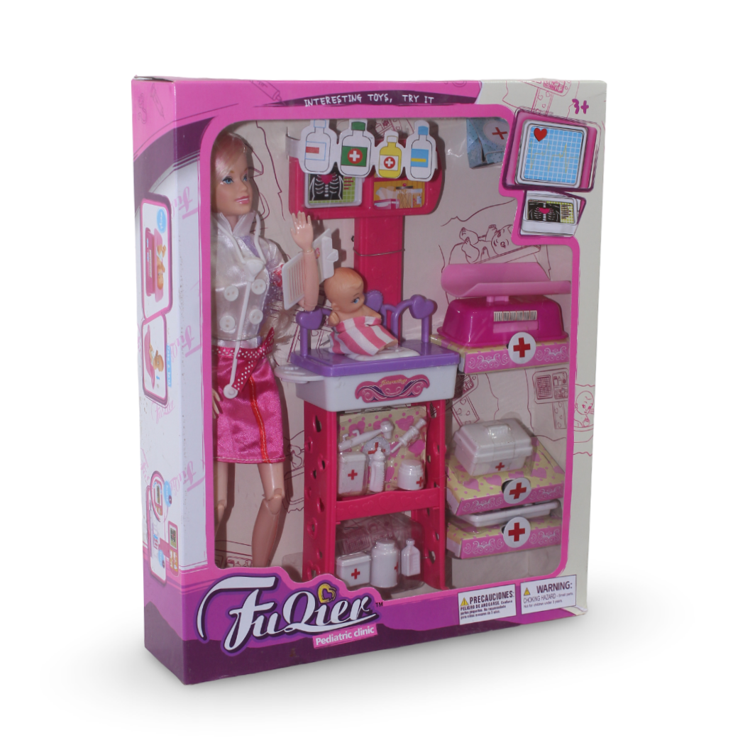 Fu Qier Nurse Doll with Baby and Doctor Tools – Fuchsia Skirt - Toys