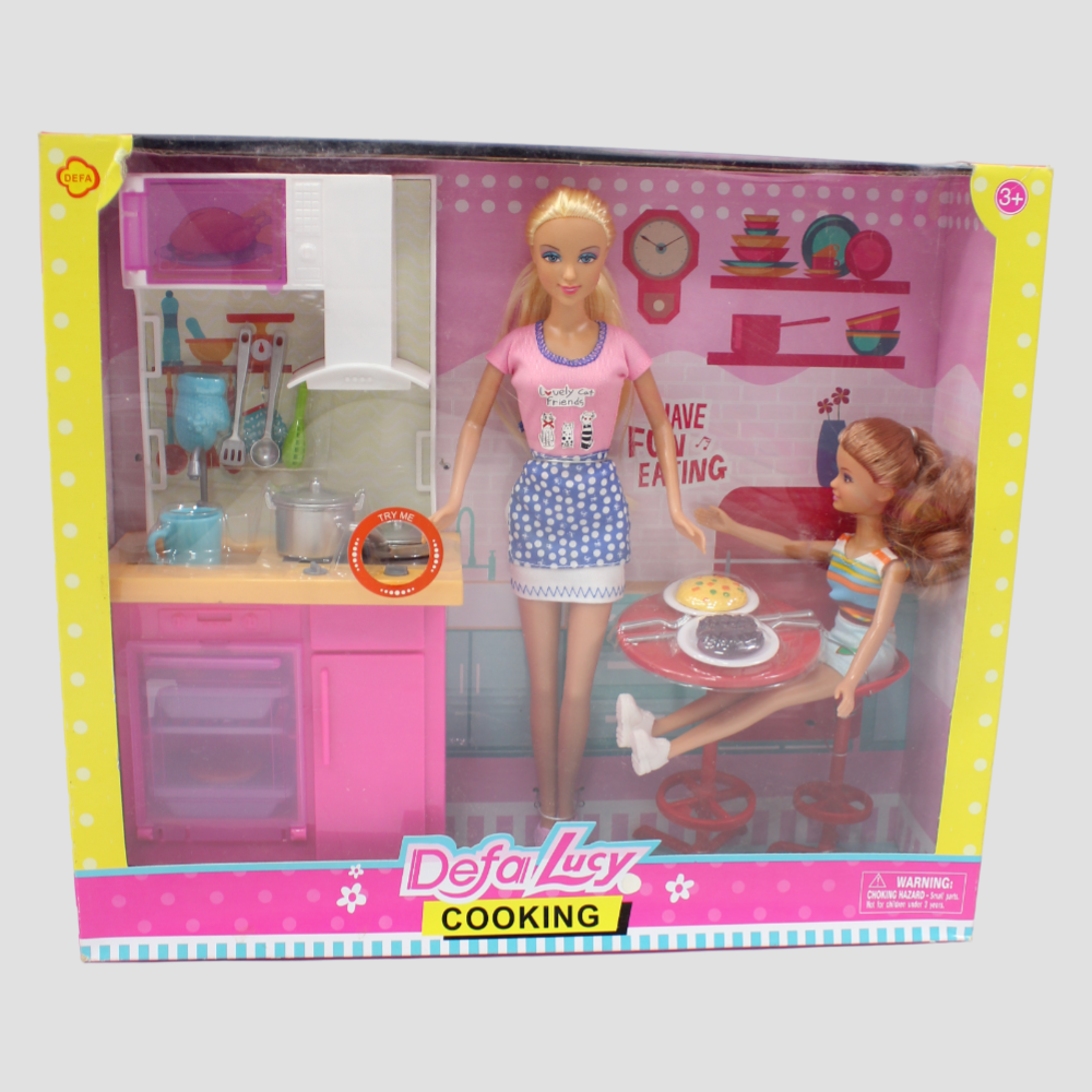 Defa Lucy Set of 2 Bendable Dolls with Kitchen & Accessories – Light-Up Playset!