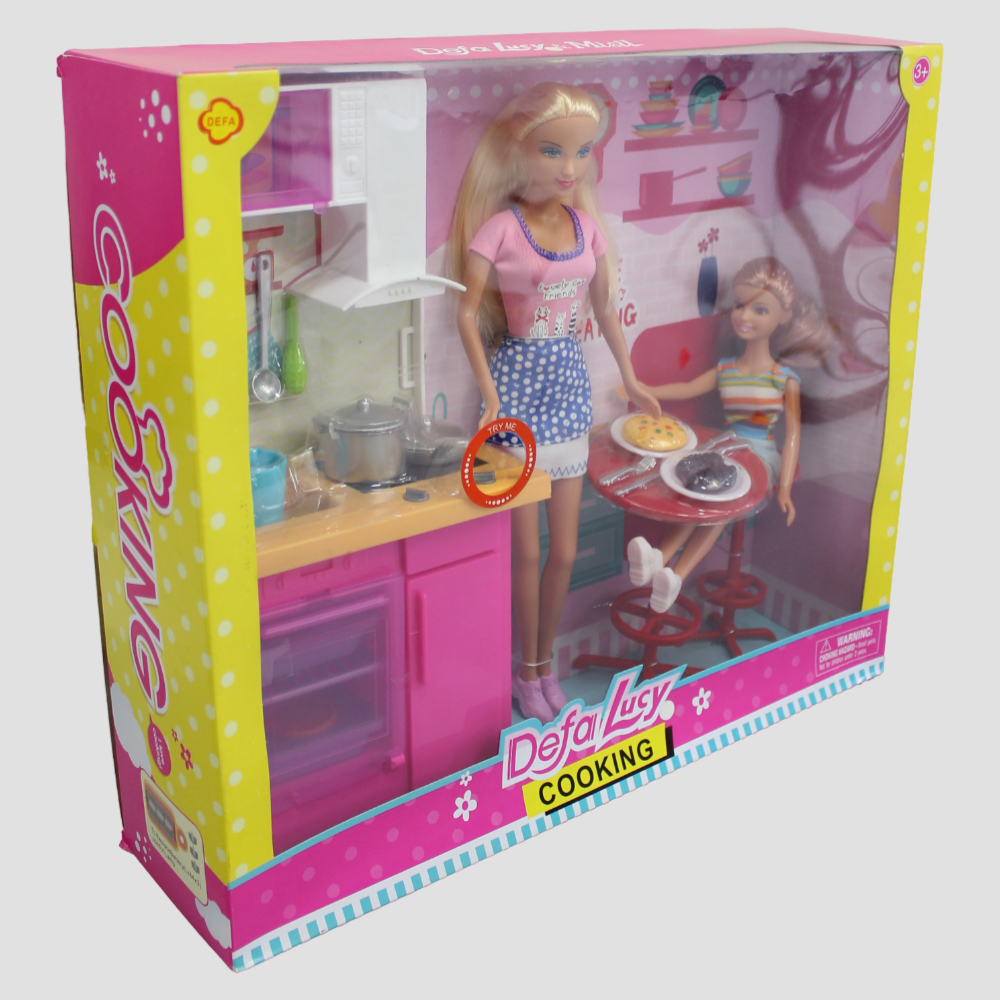 Defa Lucy Set of 2 Bendable Dolls with Kitchen & Accessories – Light-Up Playset!