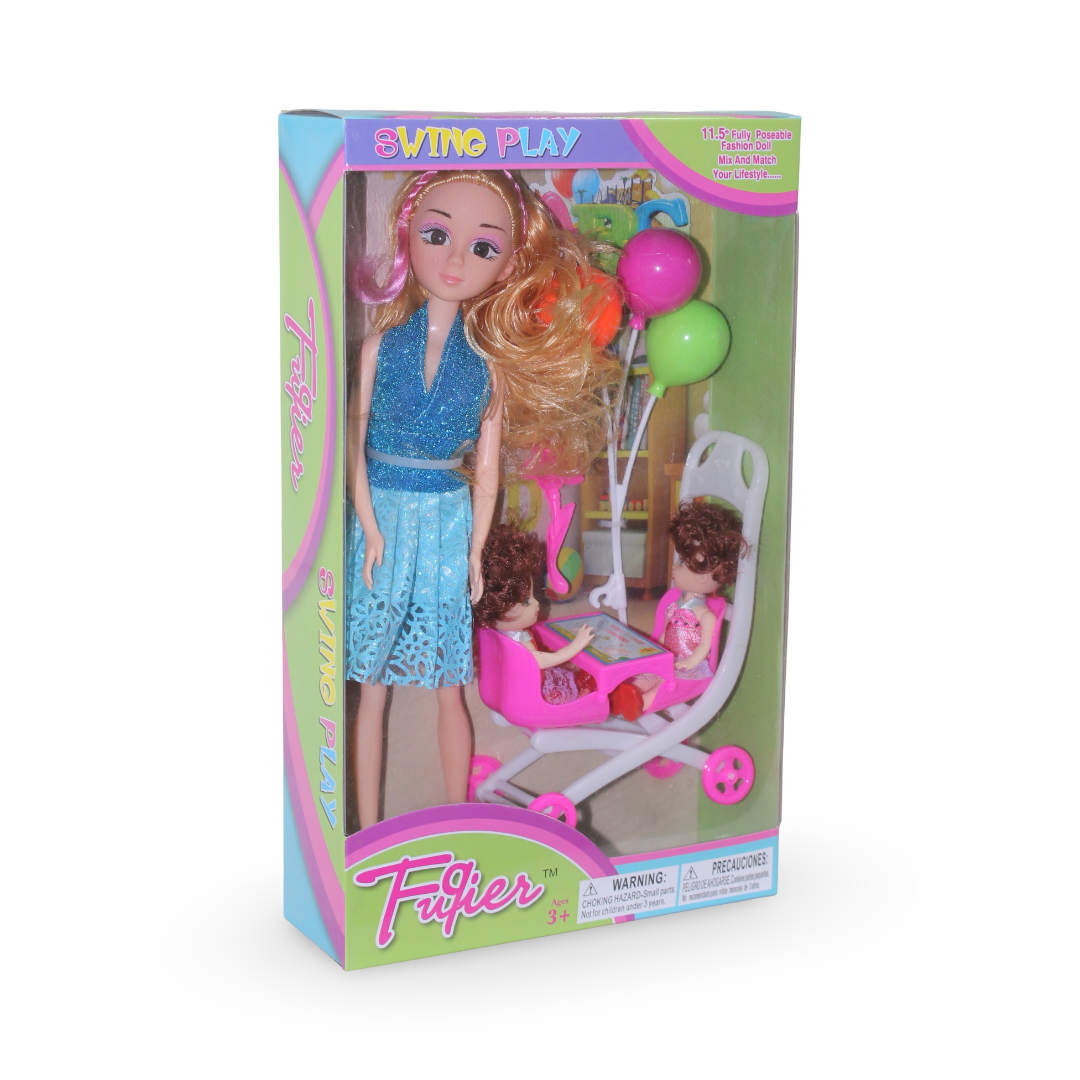 "Swing Play" Fashion Doll with 2 Babies in Stroller – Baby Blue - Toys - OKO