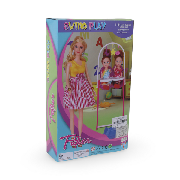 دمية أزياء "Swinging Play" مع طفلين في عربة أطفال – أزرق فاتح