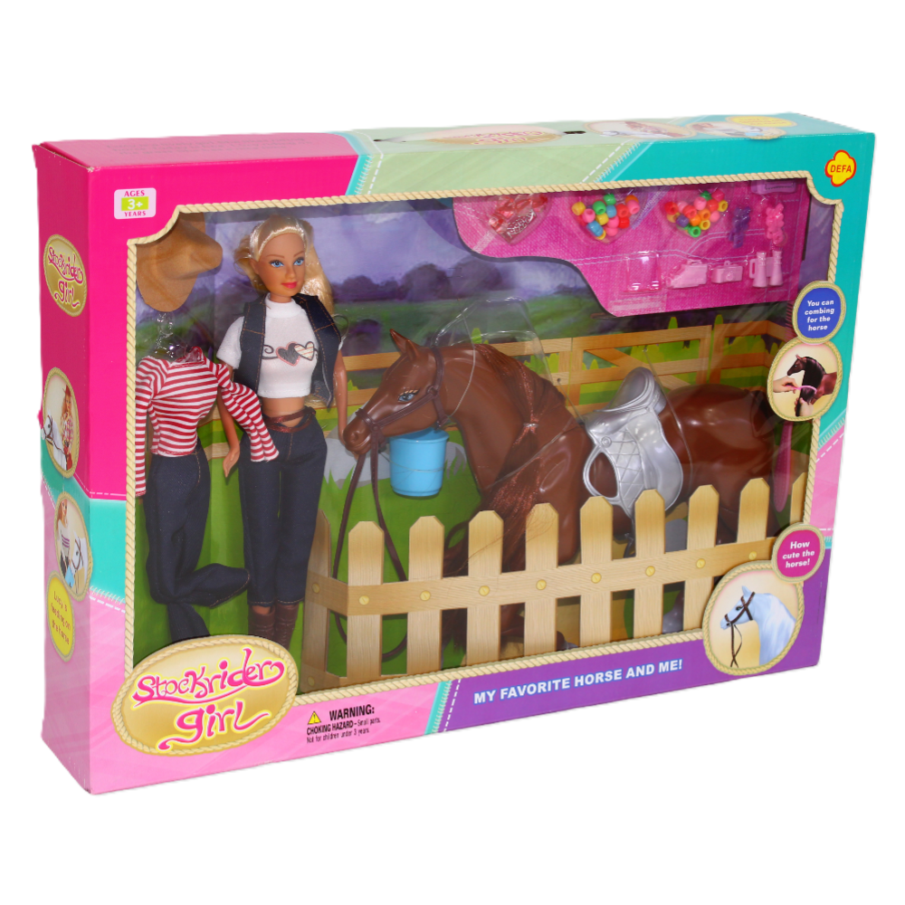 Defa Stockrider Girl Doll Set with Brown Horse