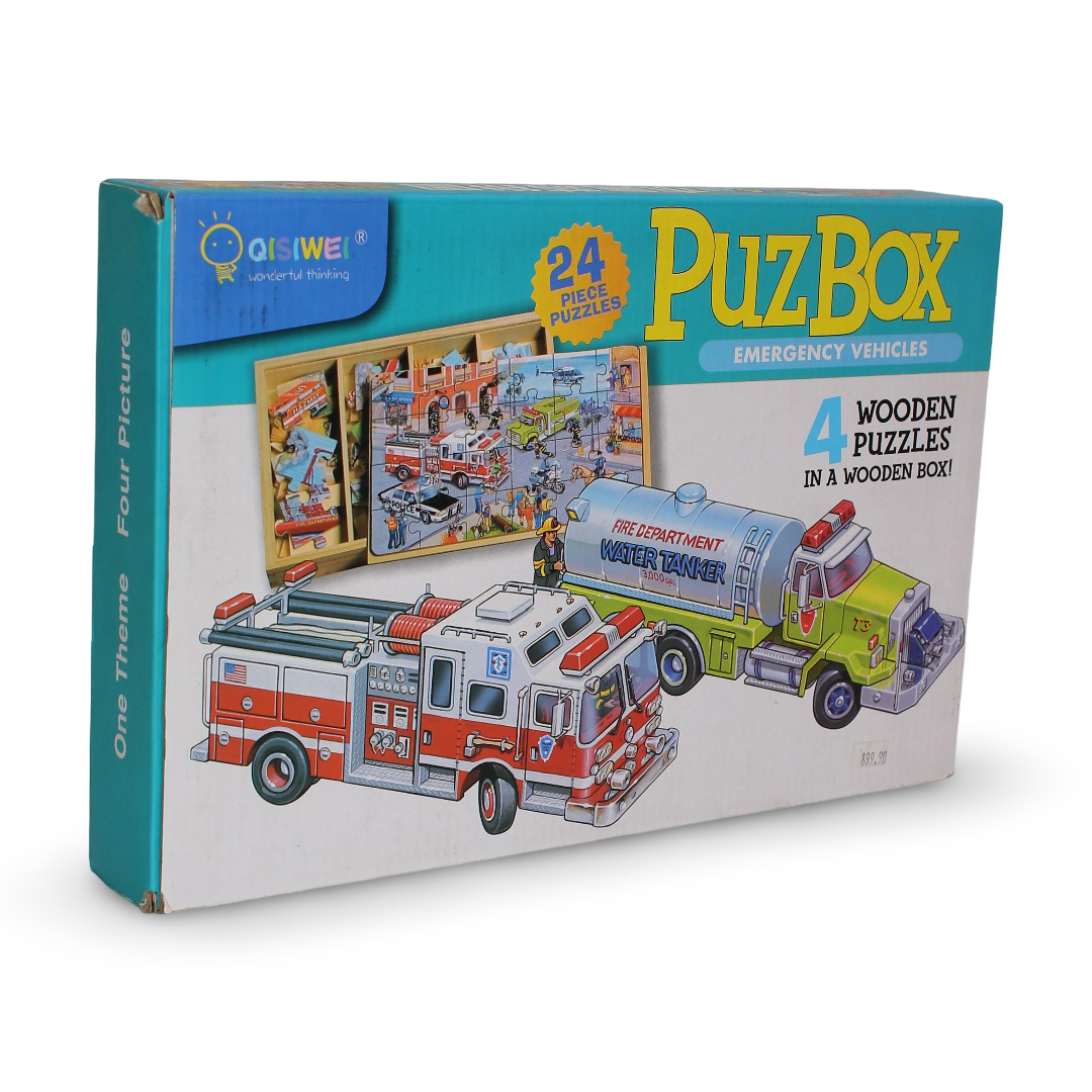 Qisiwei "Puz Box" Vehicles 4 Wooden Puzzles in a Wooden Box – 24 Pcs