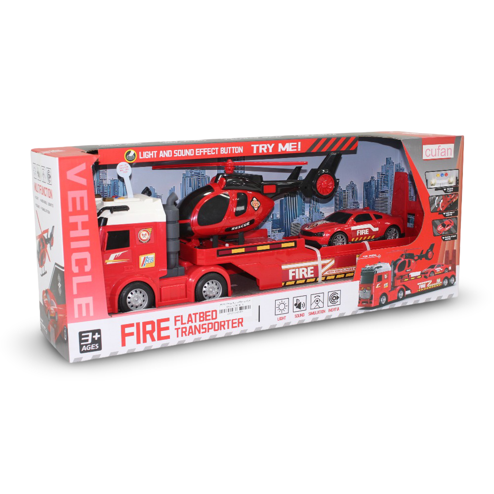 Cufan Fire Flatbed Transporter Truck + Car, and Helicopter (Sound & Light)