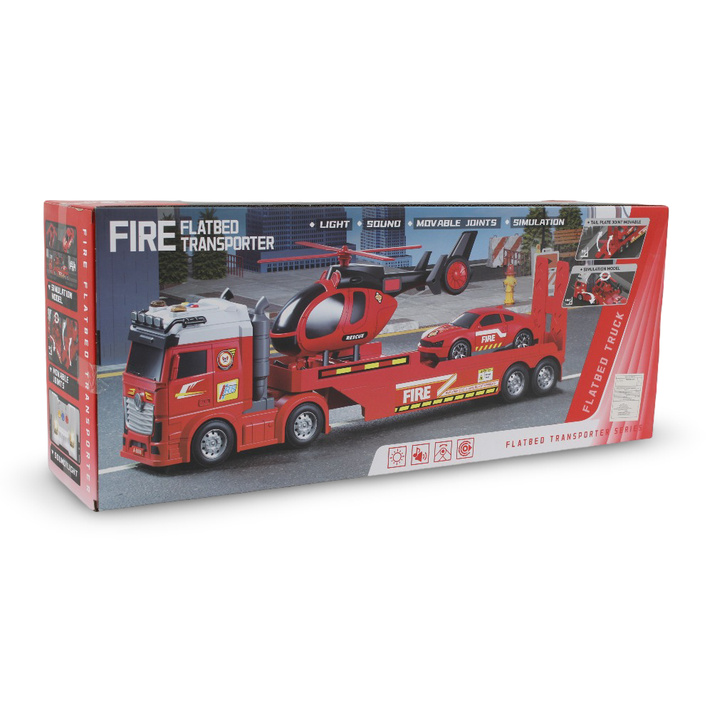 Cufan Fire Flatbed Transporter Truck + Car, and Helicopter (Sound & Light)