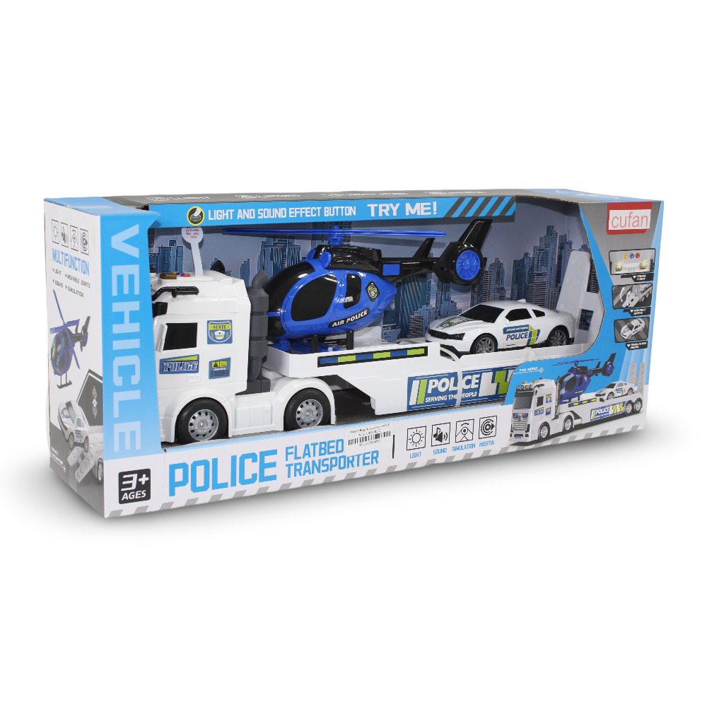 Cufan Police Flatbed Transporter Truck + Car, and Helicopter (Sound & Light)