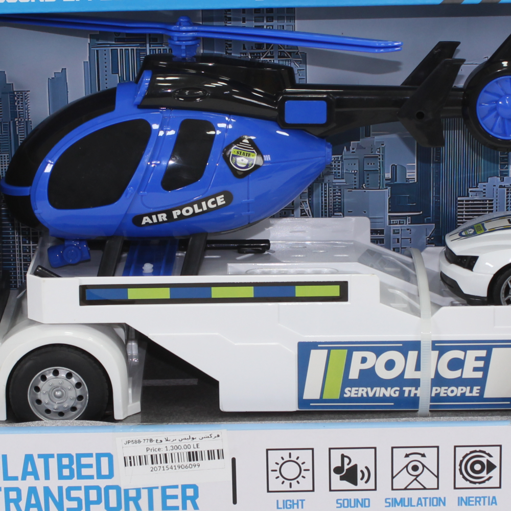 Cufan Police Flatbed Transporter Truck + Car, and Helicopter (Sound & Light)