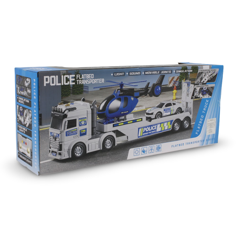 Cufan Police Flatbed Transporter Truck + Car, and Helicopter (Sound & Light)