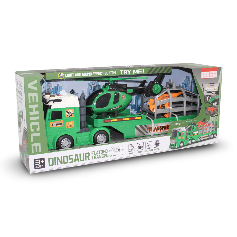 Cufan Dinosaur Flatbed Transporter Truck + Dinosaur , and Helicopter (Sound & Light)