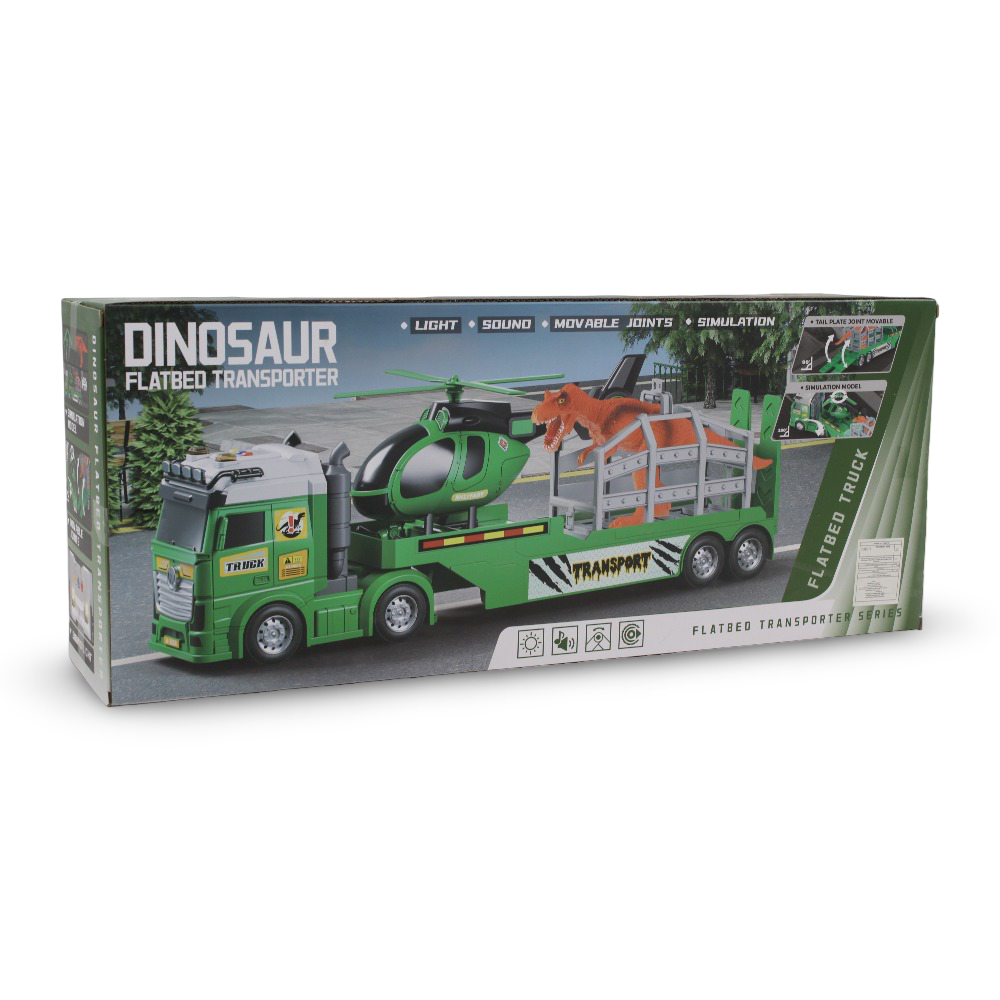 Cufan Dinosaur Flatbed Transporter Truck + Dinosaur , and Helicopter (Sound & Light)