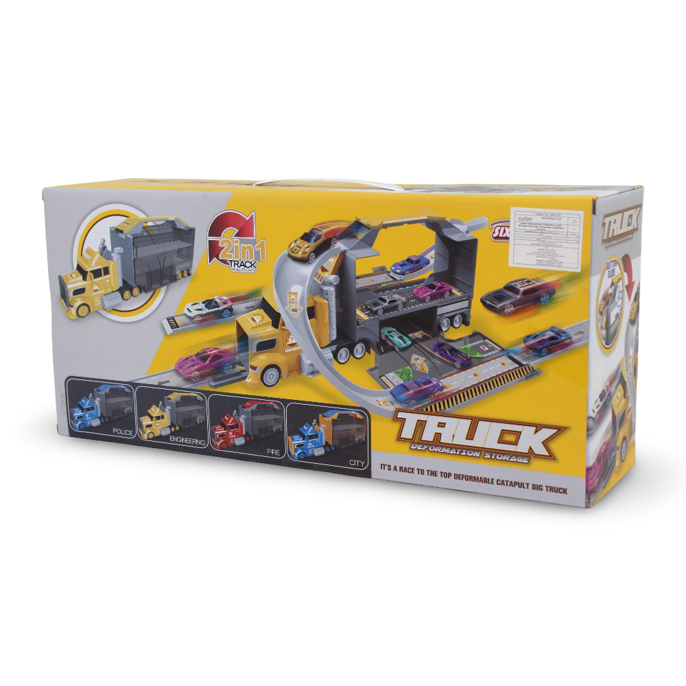 Cufan 2-in-1 Six-Six-Zero Alloy City Truck Deformation Storage with 4 Cars – Blue