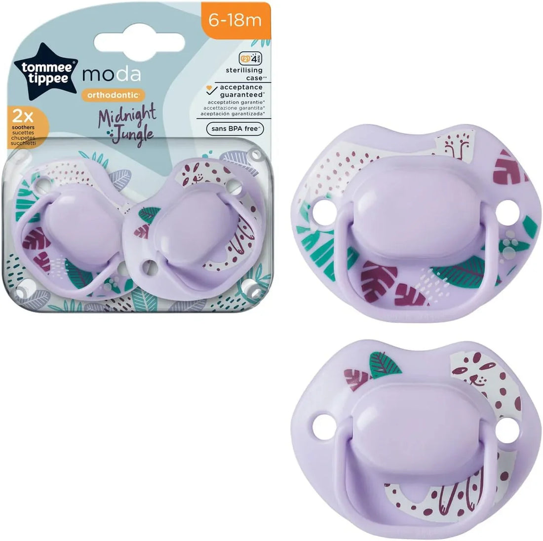 Tommee Tippee Moda Soothers, Symmetrical Orthodontic Design, 6-18m-Purple - Baby Essentials