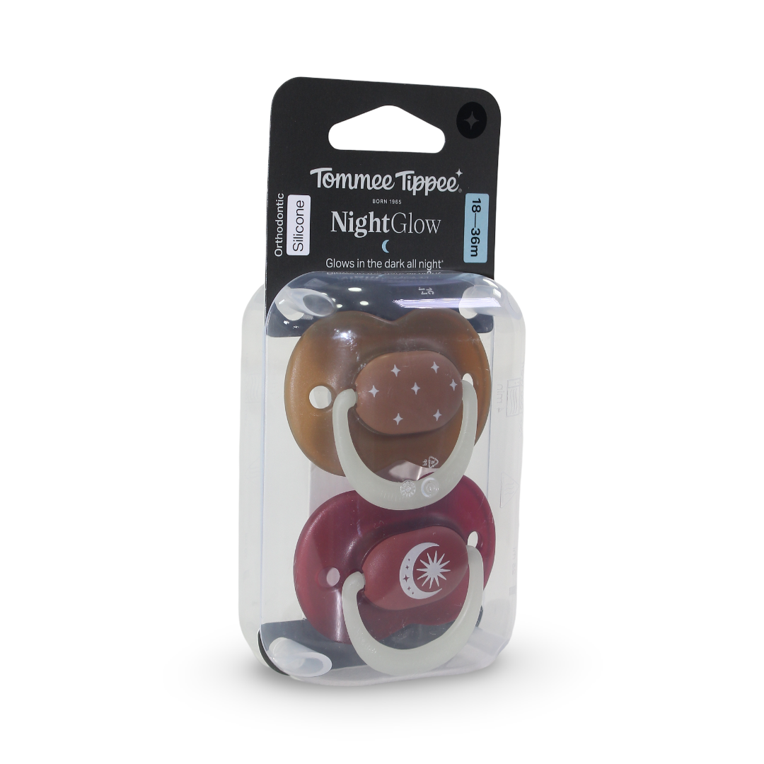 Tommee Tippee Night Glow Orthodontic Silicone Pacifiers 18-36m – Burgundy & Brown