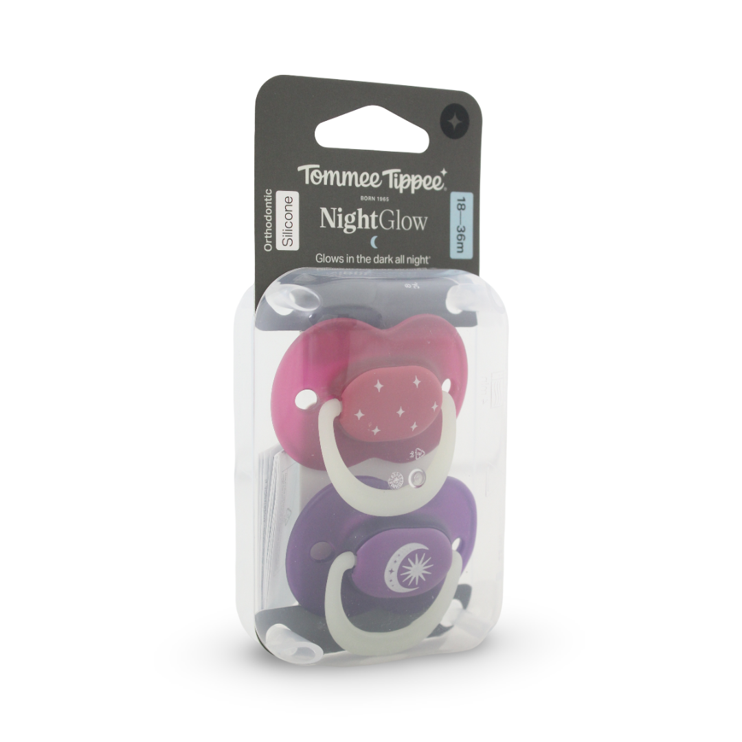 Tommee Tippee Orthodontic Silicone Night Glow Pacifier 18–36 Months – Purple & Fuchsia (Pack of 2)