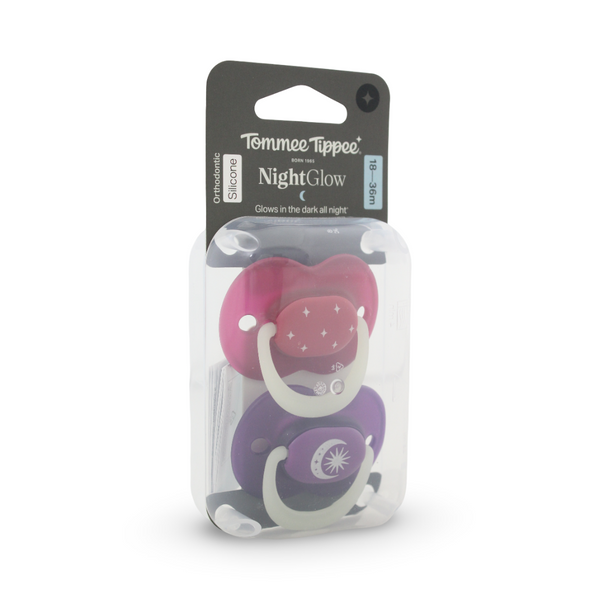 Tommee Tippee Orthodontic Silicone Night Glow Pacifier 18–36 Months – Purple & Fuchsia (Pack of 2)