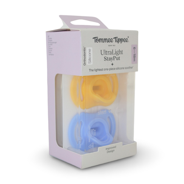 Tommee Tippee Ultra-Light StayPut Silicone Soother 6-18m – Yellow & Baby Blue - Baby Essentials