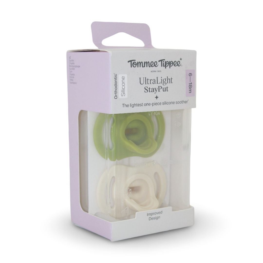 Tommee Tippee Ultra-Light StayPut Silicone Soother 6-18m – Mint & Off-White - Baby Essentials