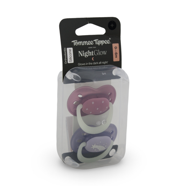 Tommee Tippee NightGlow Orthodontic Pacifiers 0-6m – Purple & Fuchsia - Baby Essentials