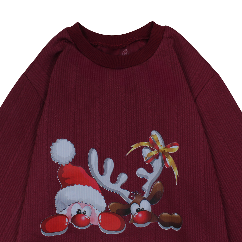 Unisex Cotton T-Shirt – Maroon with Santa & Reindeer Print