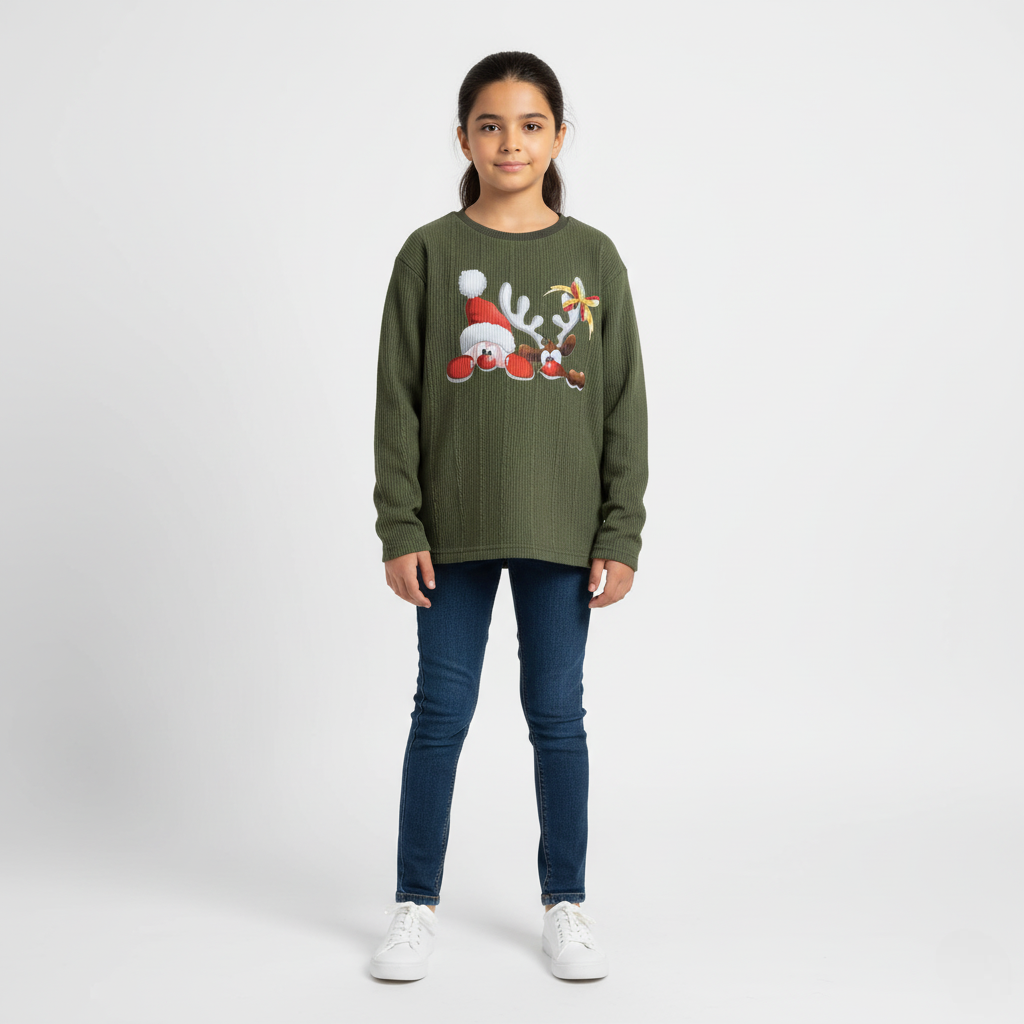 Unisex Cotton T-Shirt – Olive with Santa & Reindeer Print