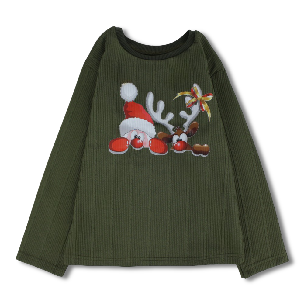 Unisex Cotton T-Shirt – Olive with Santa & Reindeer Print