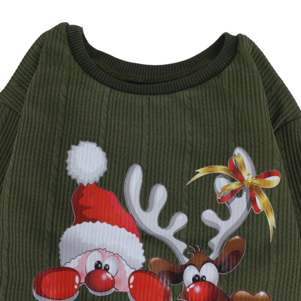 Unisex Cotton T-Shirt – Olive with Santa & Reindeer Print