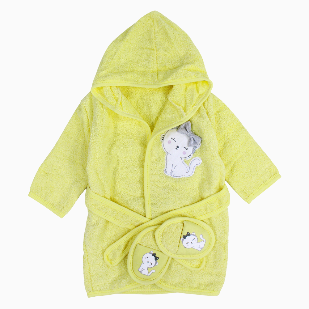Baby Girls Bath Robe with Slippers – Yellow Cat Design