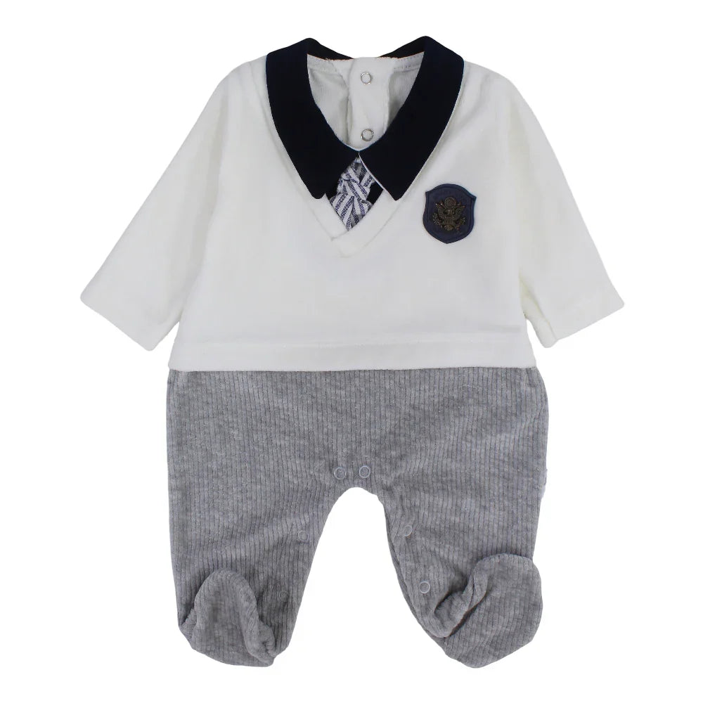 Baby Boys Velvet Baby Footie – Off-White & Grey