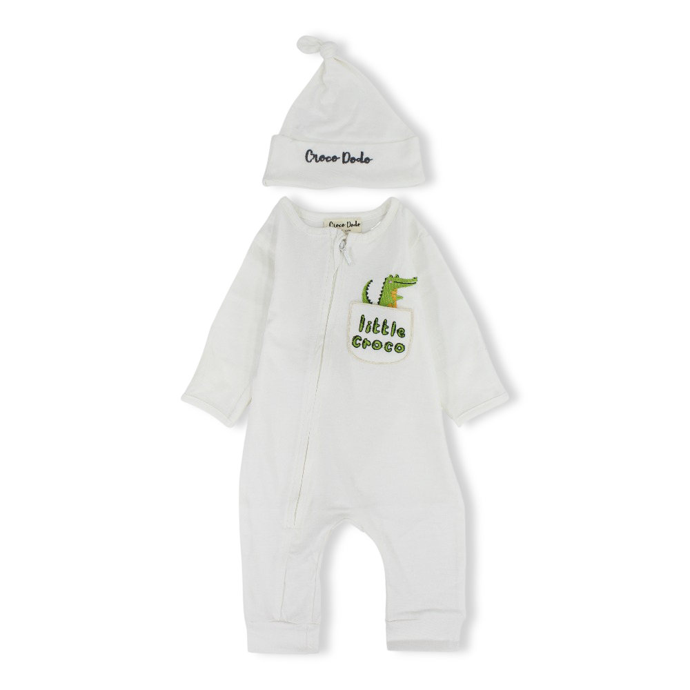 Baby Boys Cotton Footless Onesie – White with "Little Croco" Design
