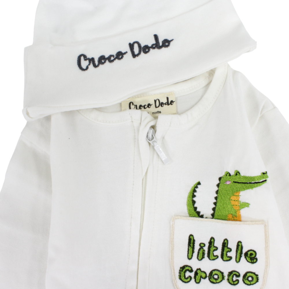 Baby Boys Cotton Footless Onesie – White with "Little Croco" Design