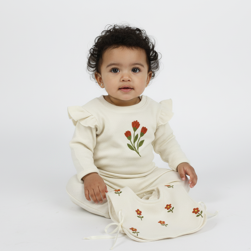 Baby Girls Cotton Footless Onesie – 2-Piece Off-White with Floral Embroidery & Matching Vest