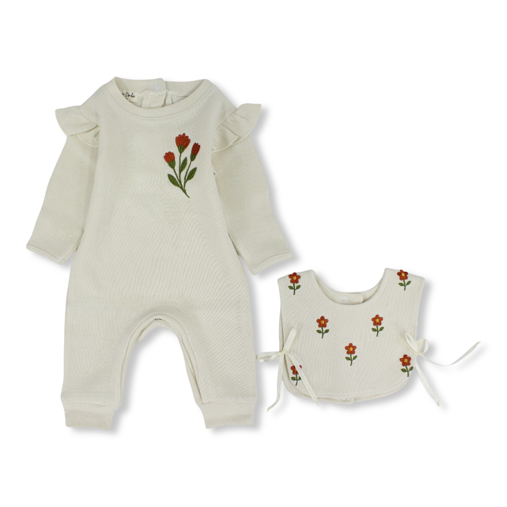 Baby Girls Cotton Footless Onesie – 2-Piece Off-White with Floral Embroidery & Matching Vest