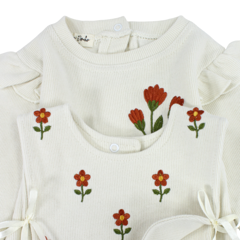 Baby Girls Cotton Footless Onesie – 2-Piece Off-White with Floral Embroidery & Matching Vest