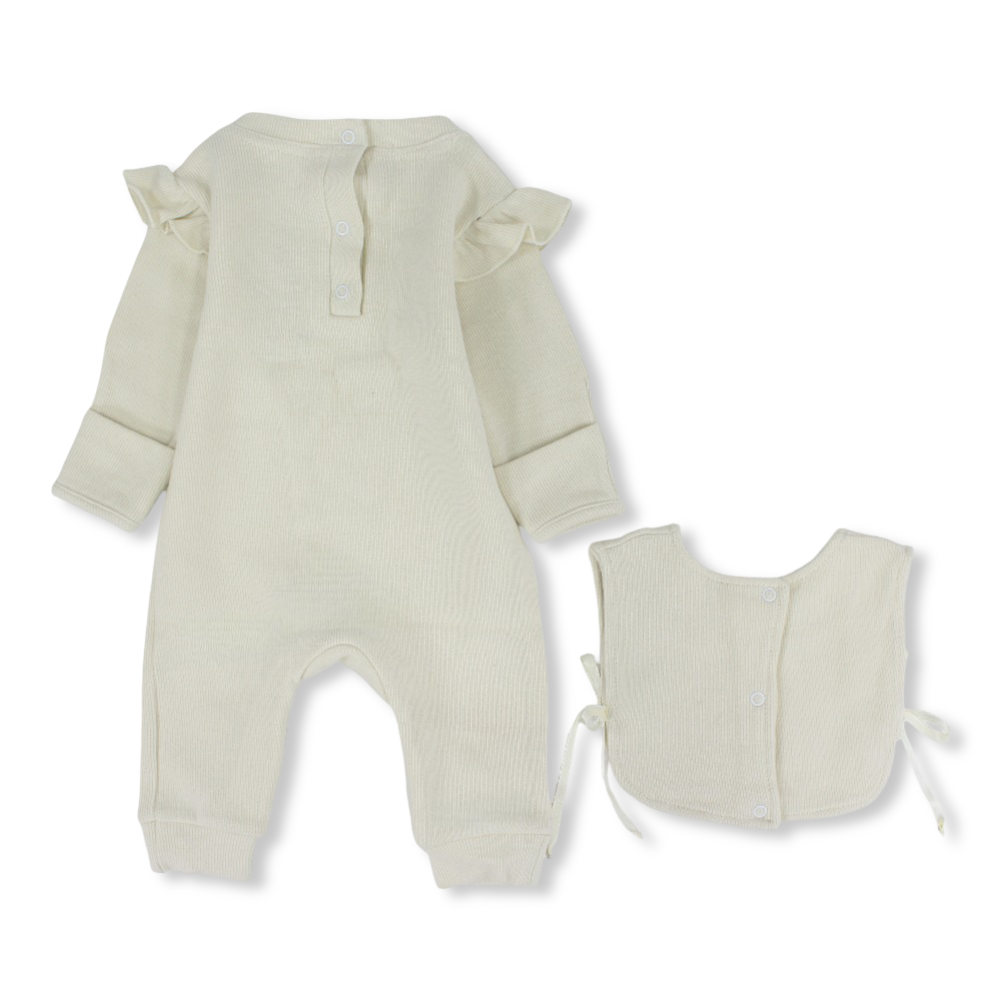 Baby Girls Cotton Footless Onesie – 2-Piece Off-White with Floral Embroidery & Matching Vest