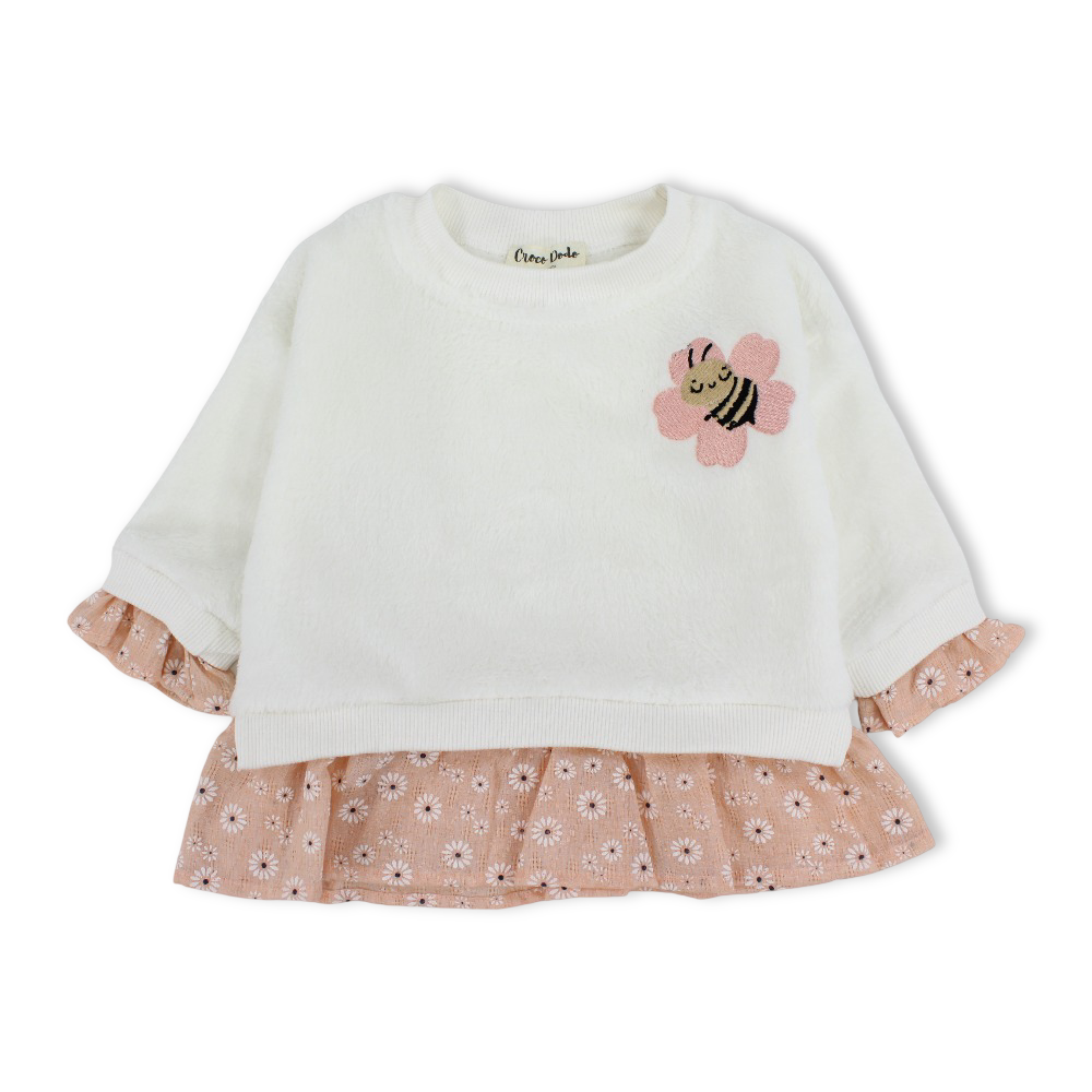 Baby Girls Fleeced Sweatdress – White with Ruffles and a Fluffy Bee Embroidery