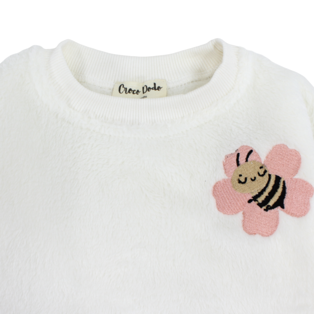 Baby Girls Fleeced Sweatdress – White with Ruffles and a Fluffy Bee Embroidery