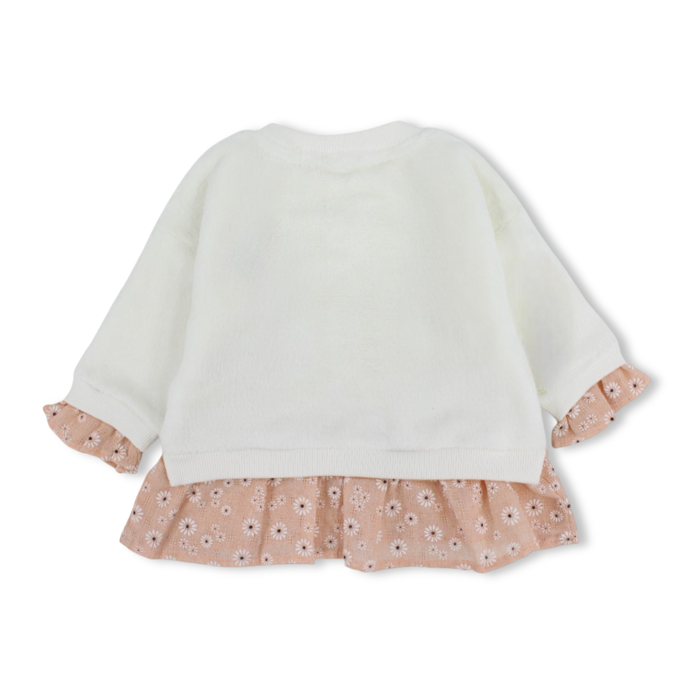 Baby Girls Fleeced Sweatdress – White with Ruffles and a Fluffy Bee Embroidery