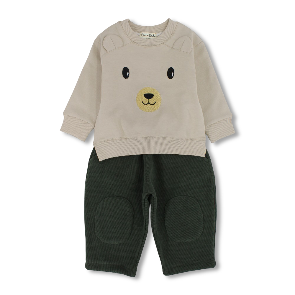 Baby Boys Cotton 2-Piece Outfit Set – Beige/Olive with Teddy Bear Print
