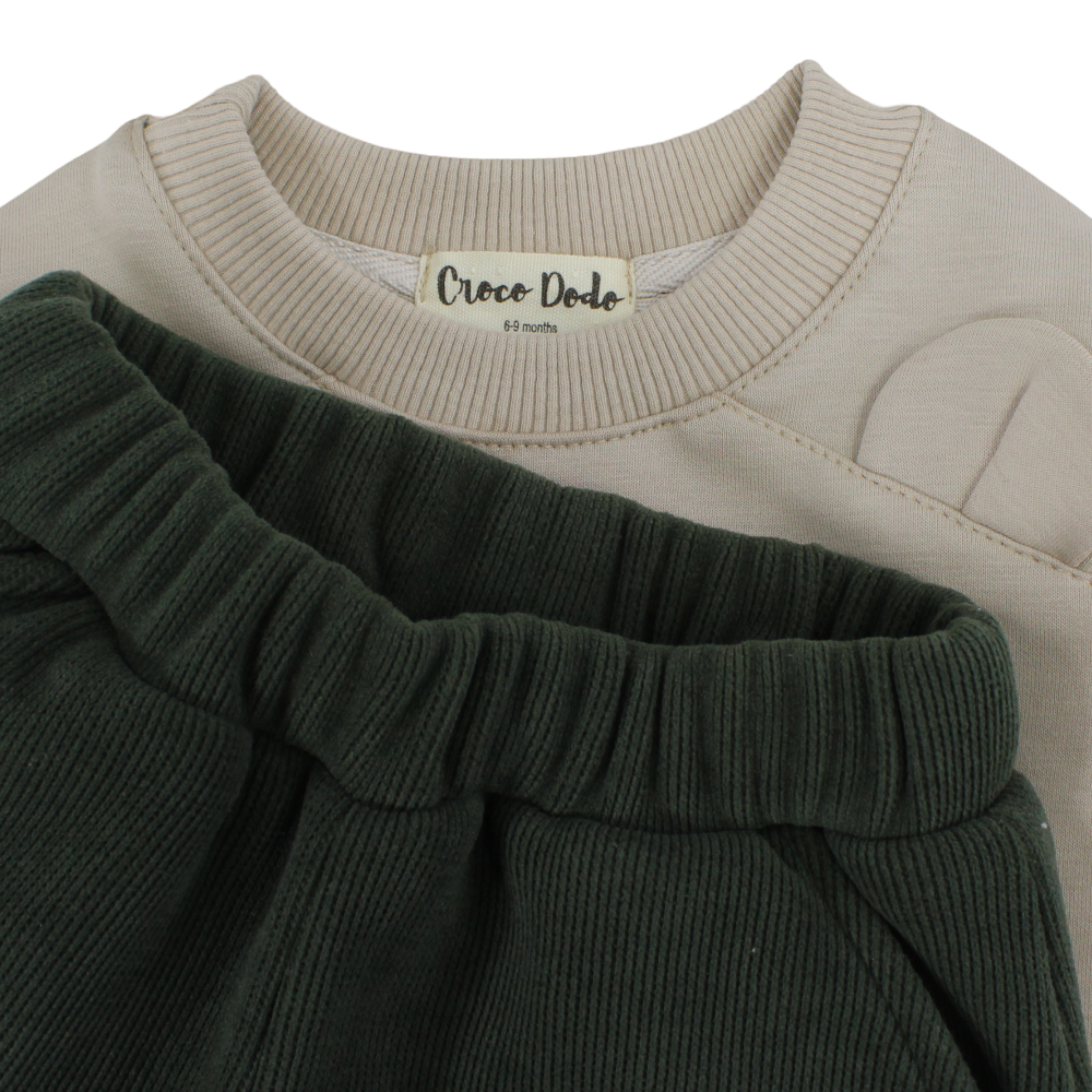 Baby Boys Cotton 2-Piece Outfit Set – Beige/Olive with Teddy Bear Print