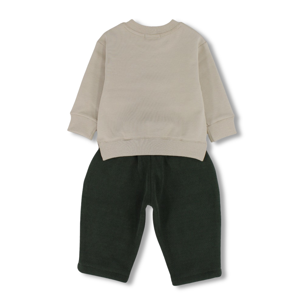 Baby Boys Cotton 2-Piece Outfit Set – Beige/Olive with Teddy Bear Print