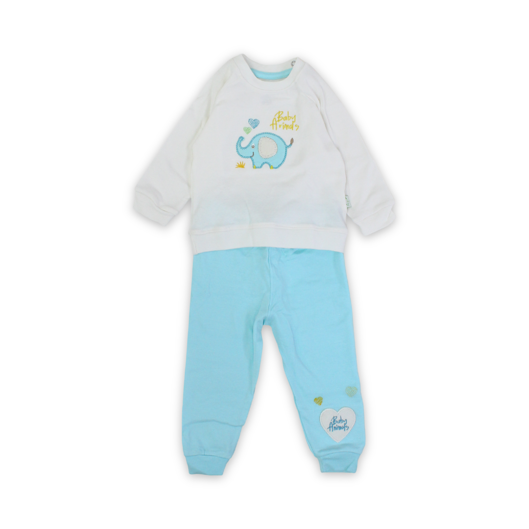 Unisex Baby Cotton Pajama – Aqua with Elephant Embroidery - Clothing - Star Dream